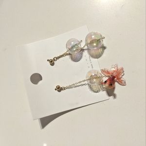 Korean gold fish and bubbles assymetrical earrings